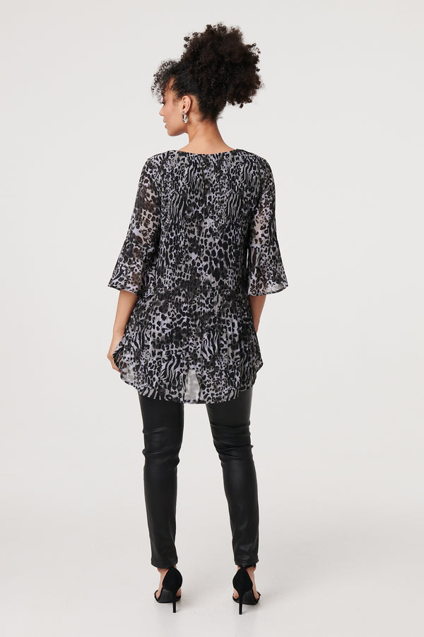 Black | Animal Print Sheer Pleated Blouse
