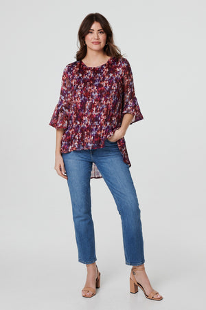 Red | Printed Pleated 3/4 Sleeve Blouse
