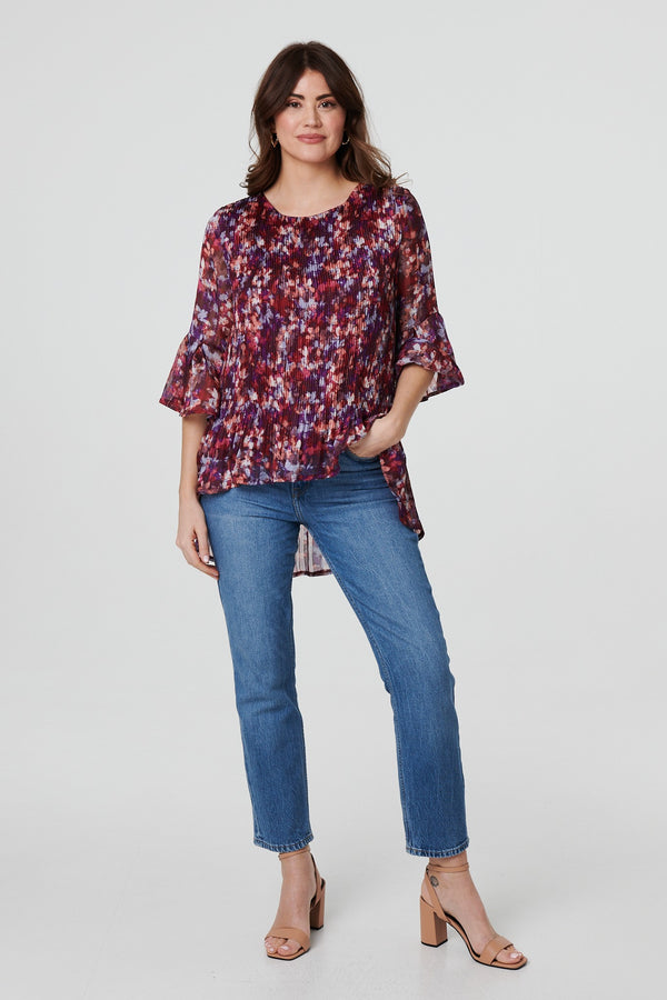 Red | Printed Pleated 3/4 Sleeve Blouse
