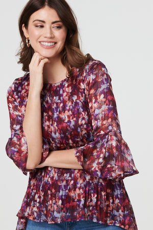 Red | Printed Pleated 3/4 Sleeve Blouse
