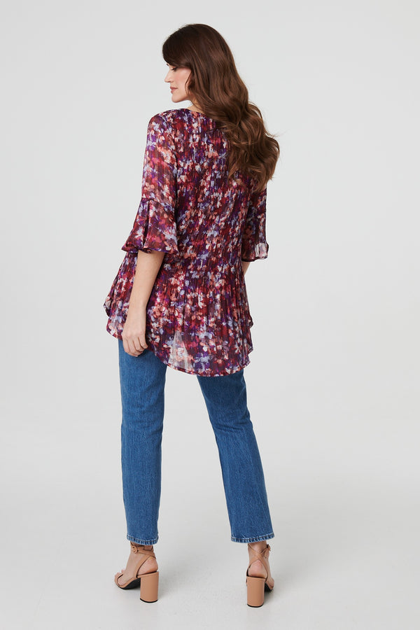 Red | Printed Pleated 3/4 Sleeve Blouse

