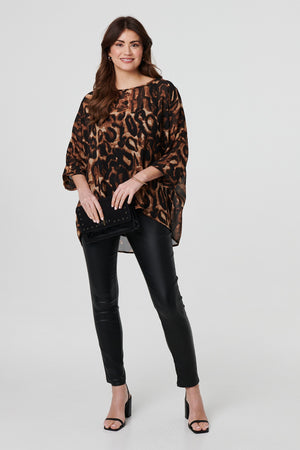 Brown | Animal Print 3/4 Sleeve Blouse Top
