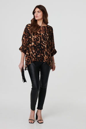 Brown | Animal Print 3/4 Sleeve Blouse Top
