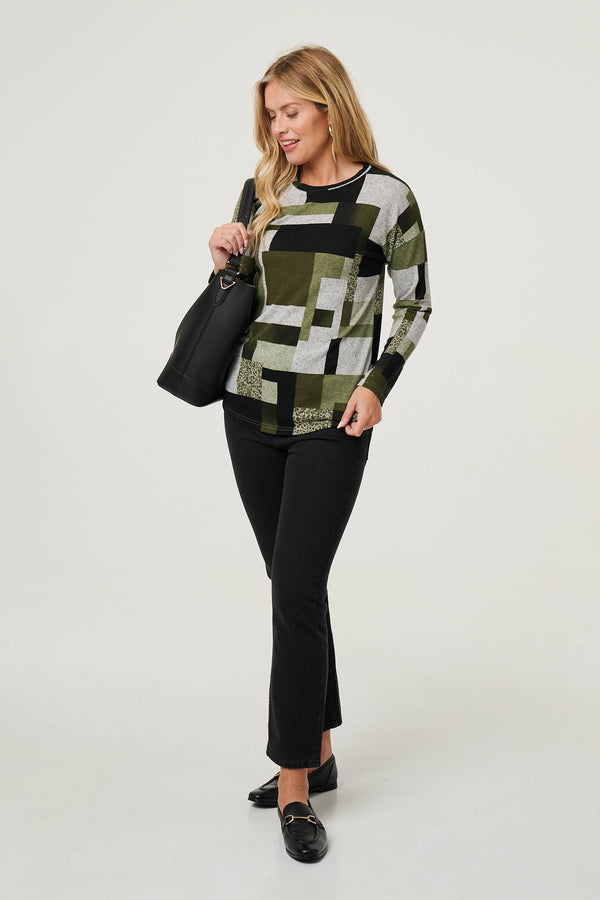 Green | Geo Print Long Sleeve Relaxed Top
