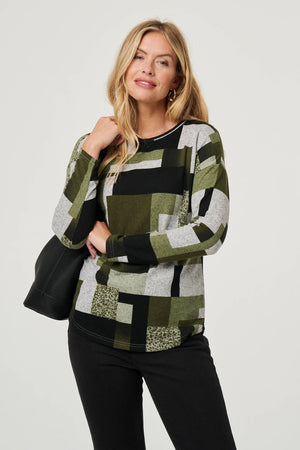 Green | Geo Print Long Sleeve Relaxed Top
