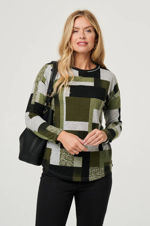 Green | Geo Print Long Sleeve Relaxed Top
