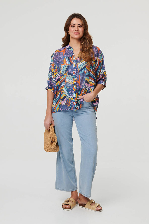 Blue | Printed 3/4 Sleeve Relaxed Shirt