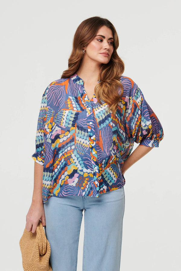Blue | Printed 3/4 Sleeve Relaxed Shirt