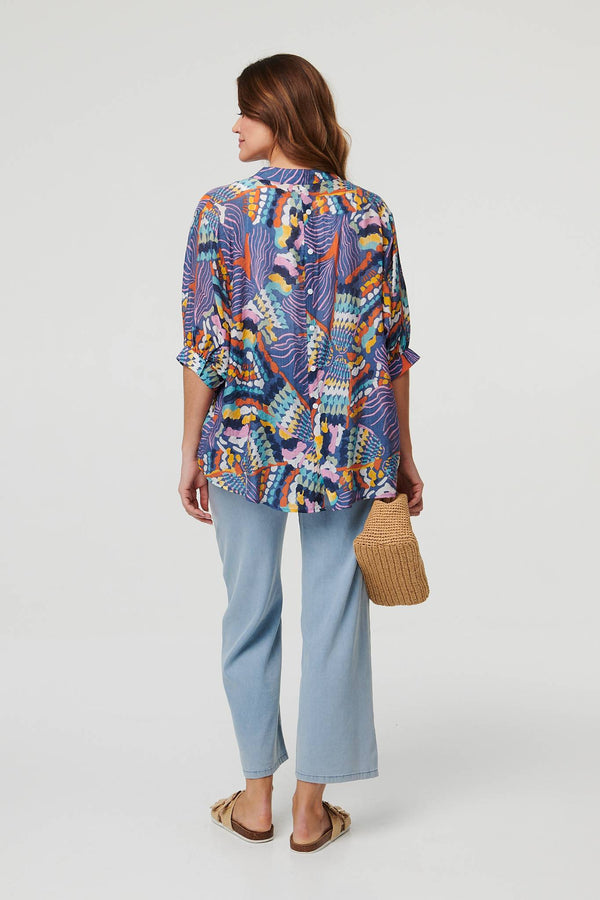 Blue | Printed 3/4 Sleeve Relaxed Shirt