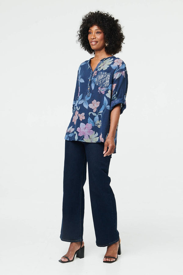 Navy | Floral Curve Hem Turn-Up Sleeve Blouse