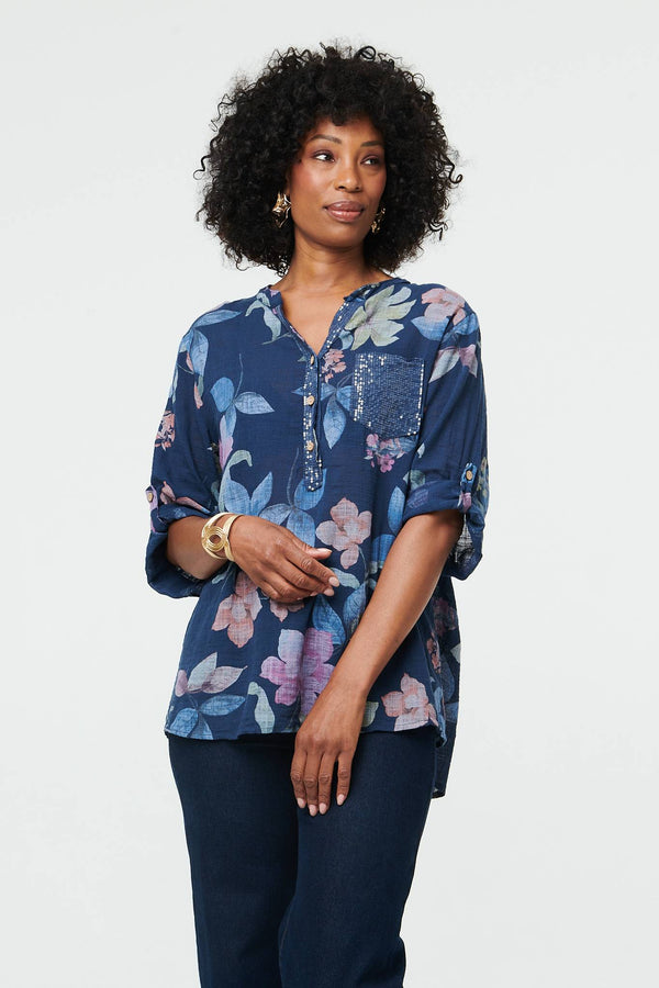 Navy | Floral Curve Hem Turn-Up Sleeve Blouse