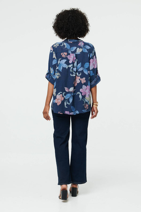 Navy | Floral Curve Hem Turn-Up Sleeve Blouse