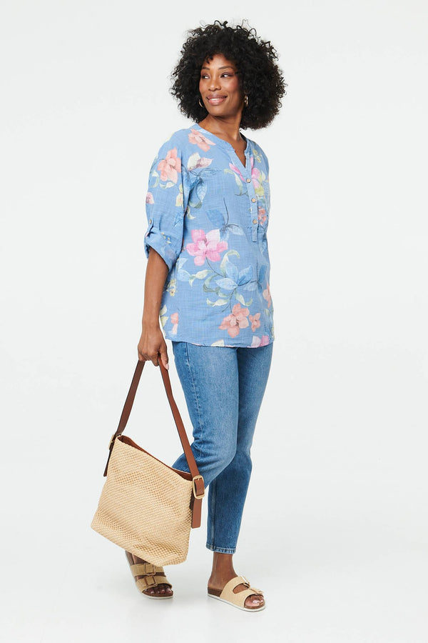 Blue | Floral Curve Hem Turn-Up Sleeve Blouse