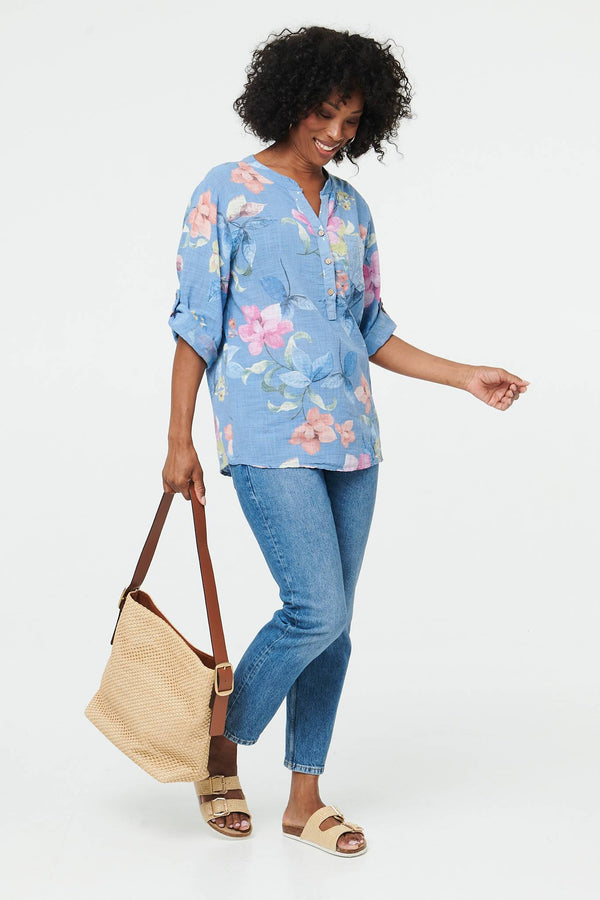 Blue | Floral Curve Hem Turn-Up Sleeve Blouse