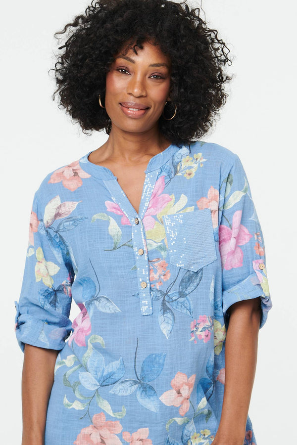 Blue | Floral Curve Hem Turn-Up Sleeve Blouse