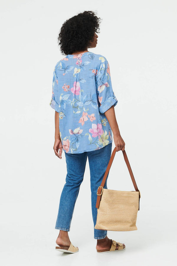Blue | Floral Curve Hem Turn-Up Sleeve Blouse