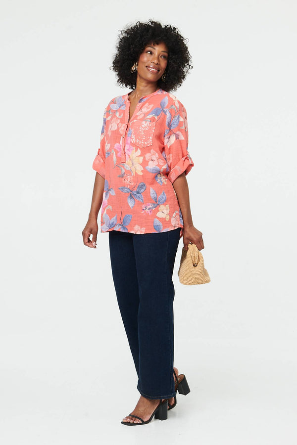 Pink | Floral Curve Hem Turn-Up Sleeve Blouse