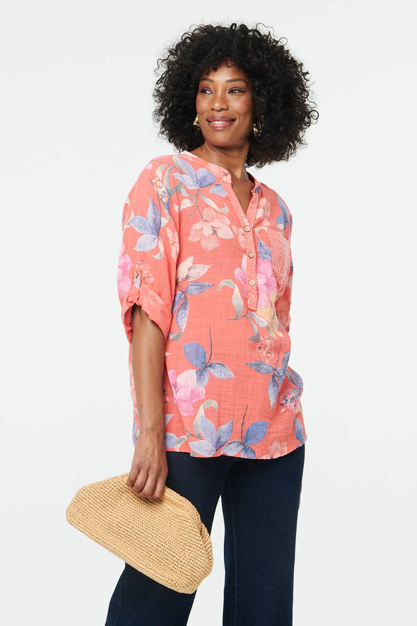 Pink | Floral Curve Hem Turn-Up Sleeve Blouse