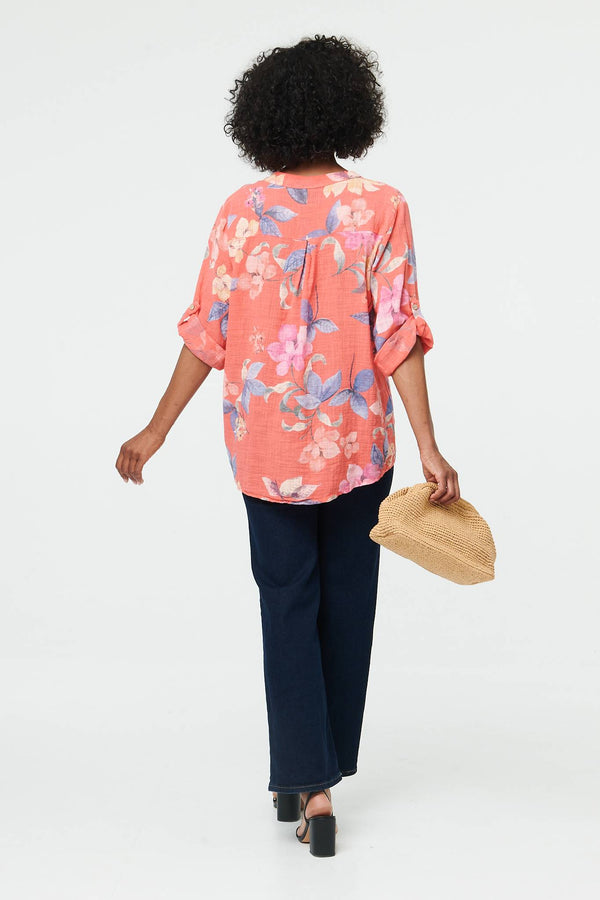 Pink | Floral Curve Hem Turn-Up Sleeve Blouse