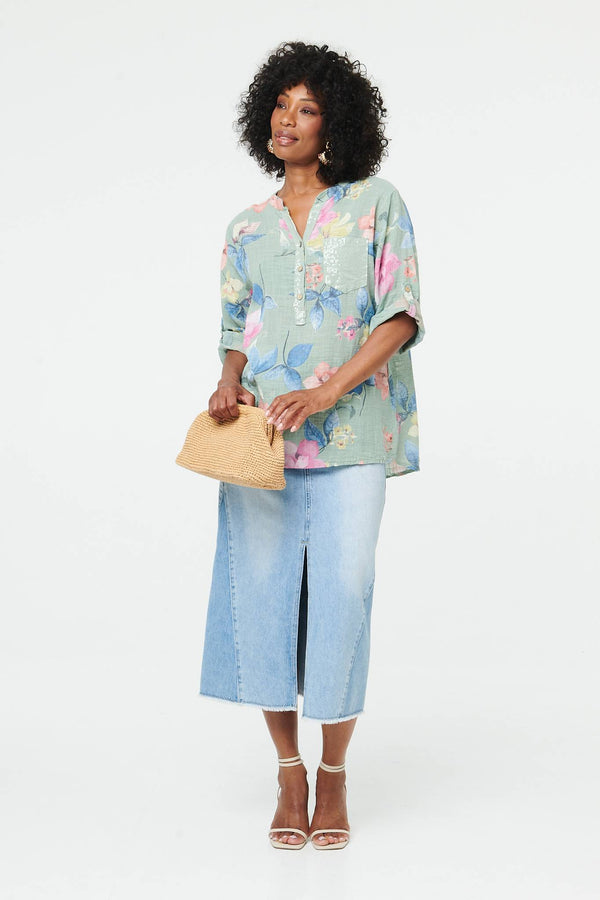 Sage | Floral Curve Hem Turn-Up Sleeve Blouse