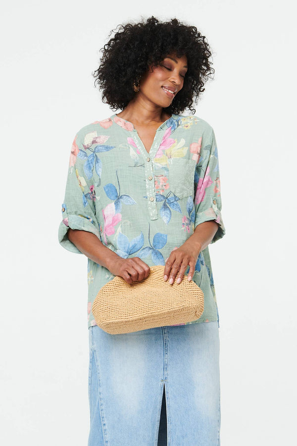 Sage | Floral Curve Hem Turn-Up Sleeve Blouse