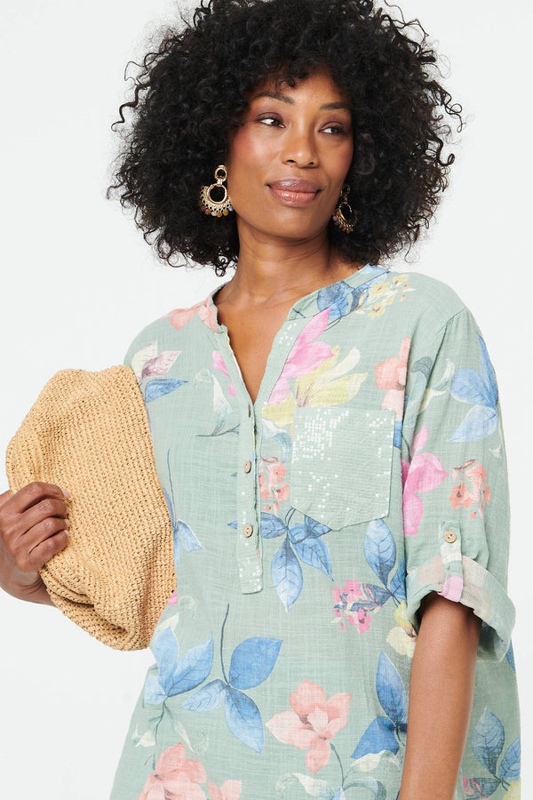 Sage | Floral Curve Hem Turn-Up Sleeve Blouse