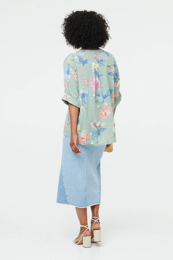 Sage | Floral Curve Hem Turn-Up Sleeve Blouse