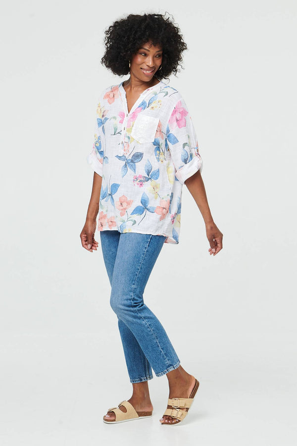 White | Floral Curve Hem Turn-Up Sleeve Blouse