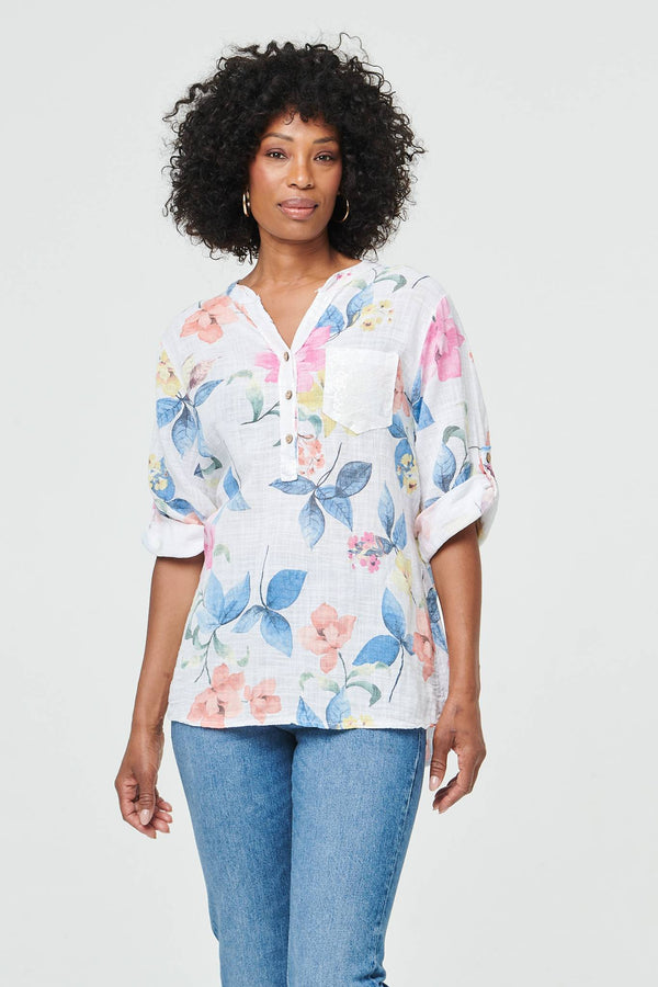White | Floral Curve Hem Turn-Up Sleeve Blouse