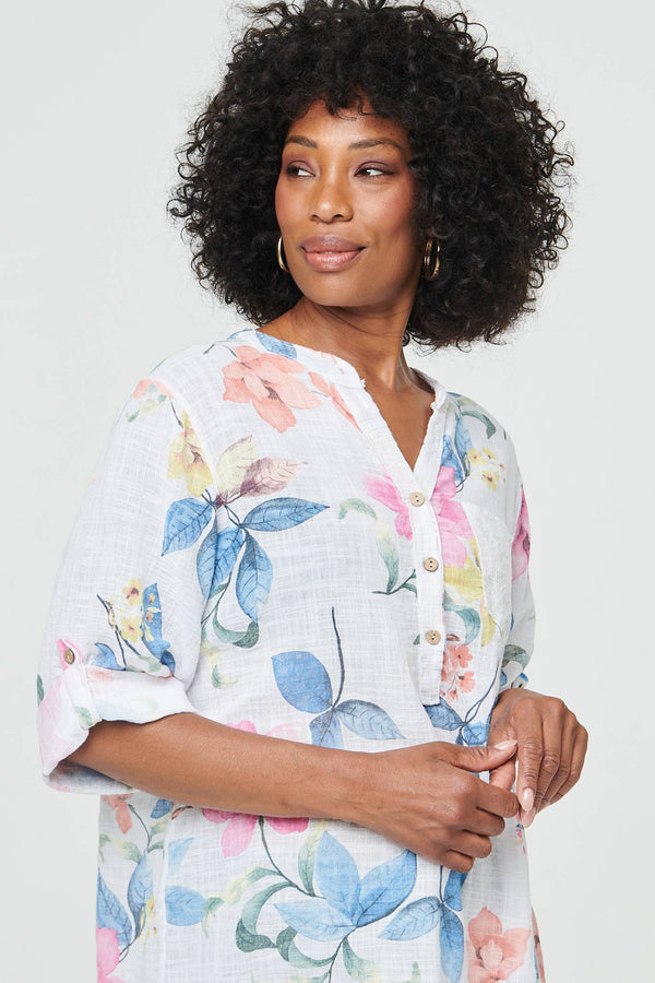 White | Floral Curve Hem Turn-Up Sleeve Blouse