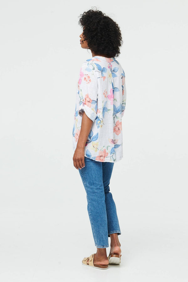 White | Floral Curve Hem Turn-Up Sleeve Blouse