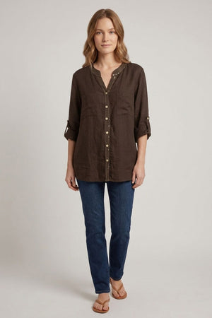 Brown | Sequin Trim 3/4 Sleeve Relaxed Shirt : Model is 5'6