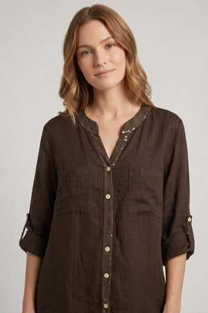 Brown | Sequin Trim 3/4 Sleeve Relaxed Shirt