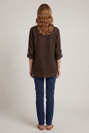 Brown | Sequin Trim 3/4 Sleeve Relaxed Shirt