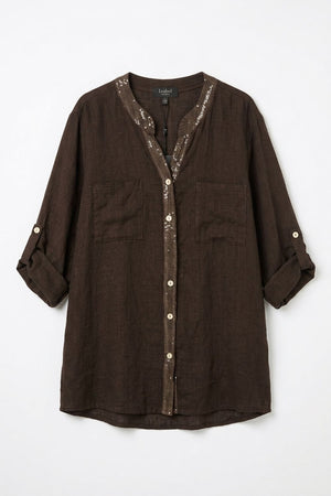 Brown | Sequin Trim 3/4 Sleeve Relaxed Shirt