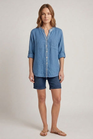 Blue | Sequin Trim 3/4 Sleeve Relaxed Shirt : Model is 5'6