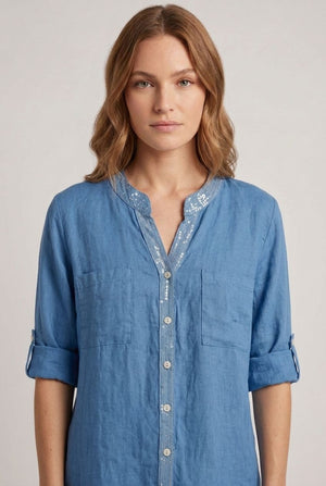 Blue | Sequin Trim 3/4 Sleeve Relaxed Shirt
