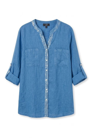 Blue | Sequin Trim 3/4 Sleeve Relaxed Shirt