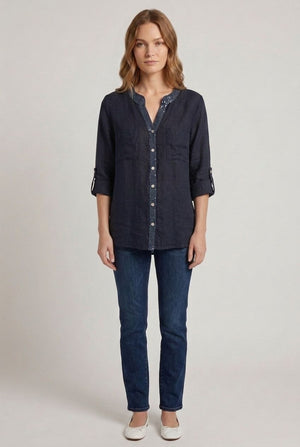 Navy | Sequin Trim 3/4 Sleeve Relaxed Shirt : Model is 5'6