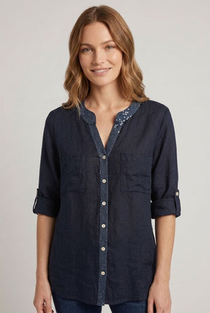 Navy | Sequin Trim 3/4 Sleeve Relaxed Shirt