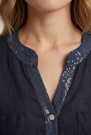 Navy | Sequin Trim 3/4 Sleeve Relaxed Shirt