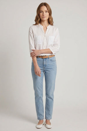 White | Sequin Trim 3/4 Sleeve Relaxed Shirt : Model is 5'6