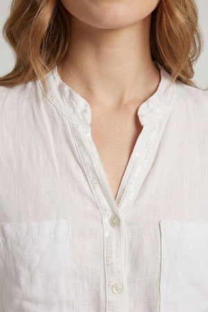 White | Sequin Trim 3/4 Sleeve Relaxed Shirt