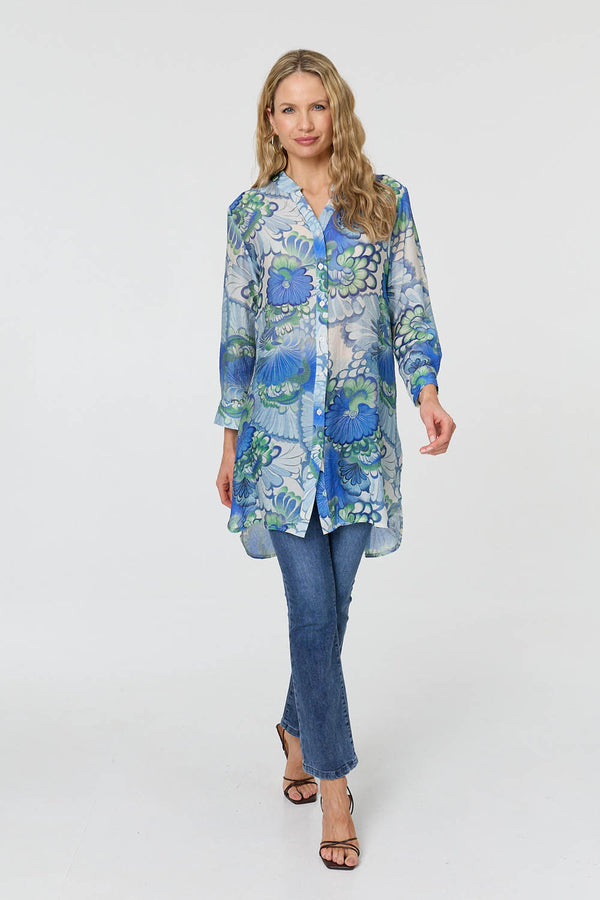 Blue | Floral Semi Sheer Longline Shirt 
