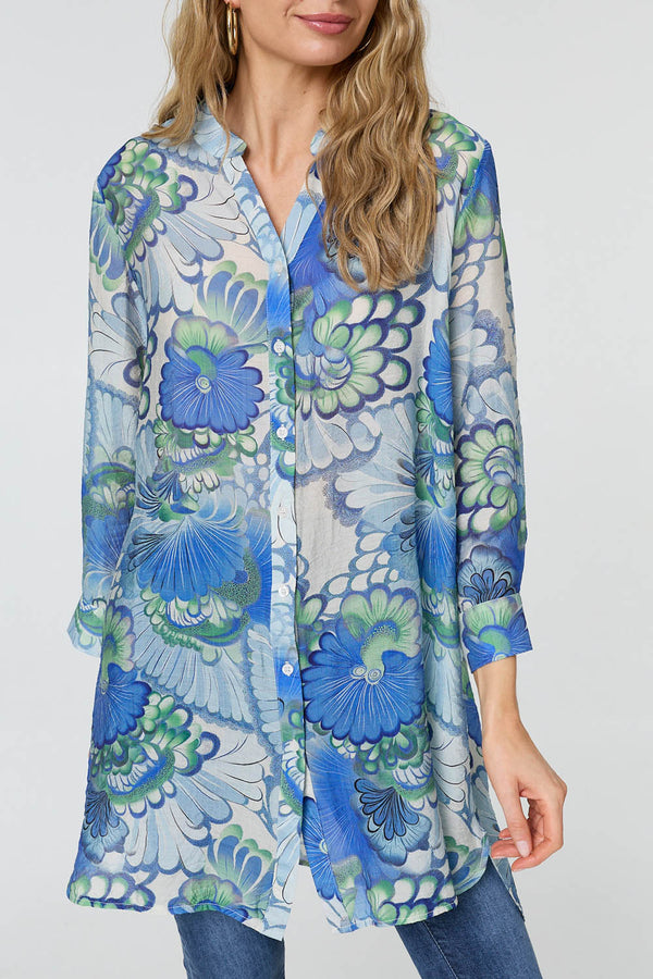 Blue | Floral Semi Sheer Longline Shirt 