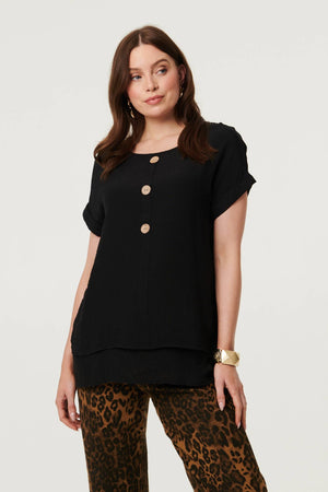 Black | Layered Hem Short Sleeve Tunic Top : Model is 5'9