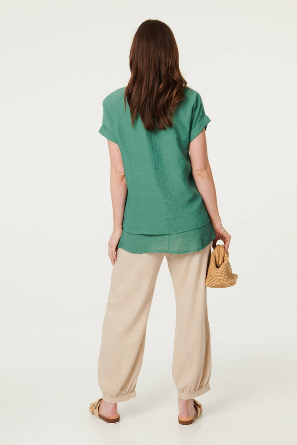 Green | Layered Hem Short Sleeve Tunic Top