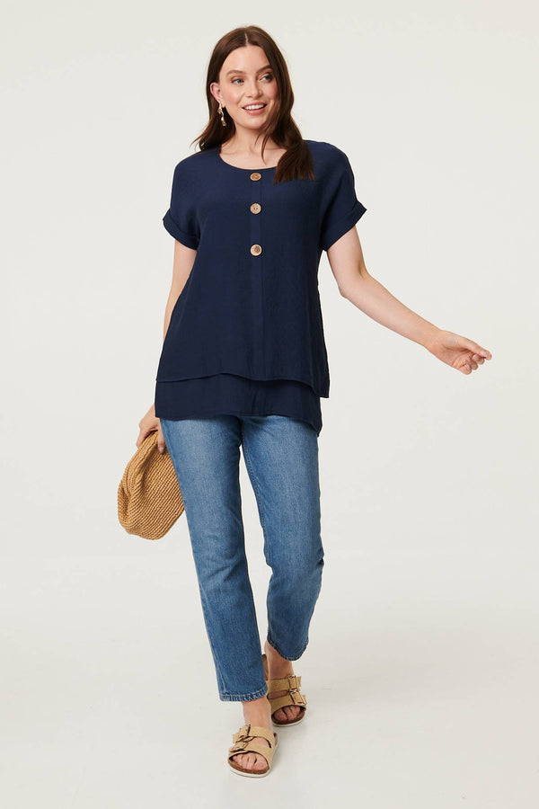 Navy | Layered Hem Short Sleeve Tunic Top