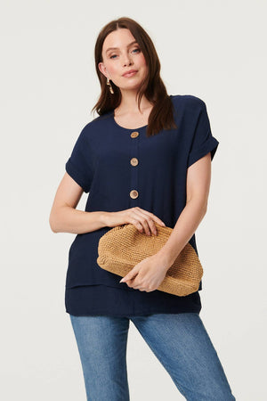 Navy | Layered Hem Short Sleeve Tunic Top : Model is 5'9