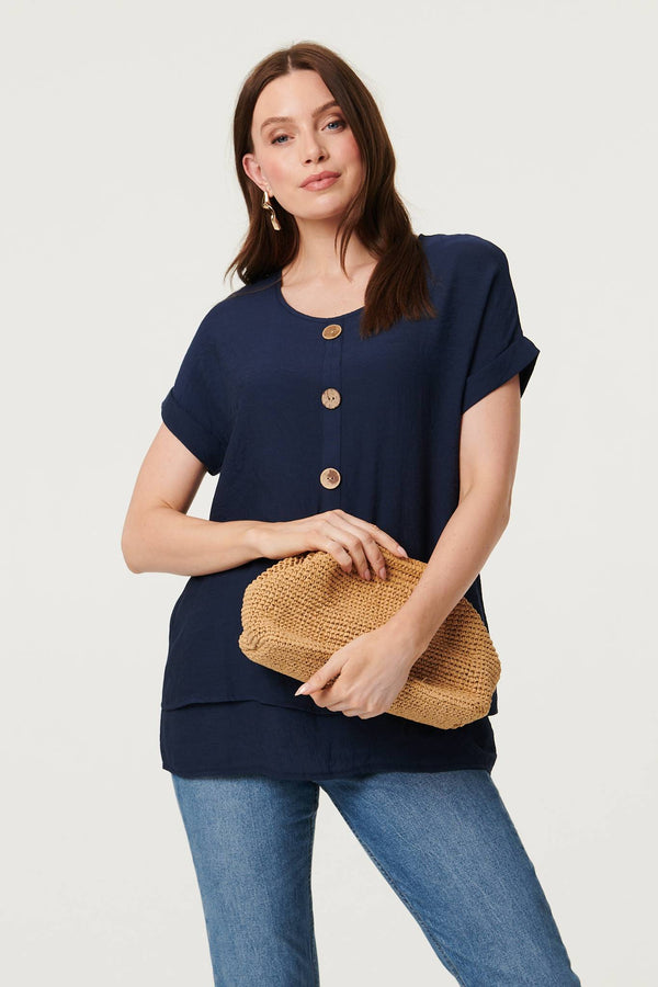 Navy | Layered Hem Short Sleeve Tunic Top : Model is 5'9"/175 cm and wears UK8/EU36/US4/AUS8